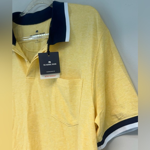 The Normal Brand NWT men’s size large polo shirt golden yellow and navy - Picture 2 of 9